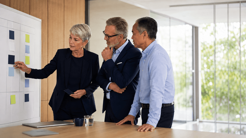 Leadership team reviewing employee engagement strategy around a table